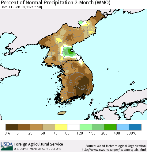 Korea Percent of Normal Precipitation 2-Month (WMO) Thematic Map For 12/11/2021 - 2/10/2022