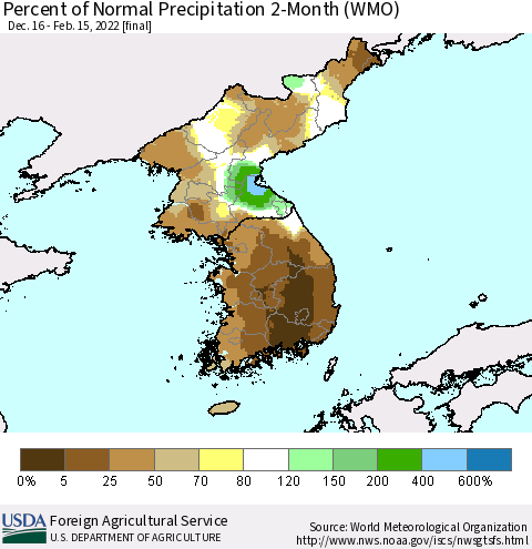 Korea Percent of Normal Precipitation 2-Month (WMO) Thematic Map For 12/16/2021 - 2/15/2022