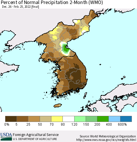 Korea Percent of Normal Precipitation 2-Month (WMO) Thematic Map For 12/26/2021 - 2/25/2022