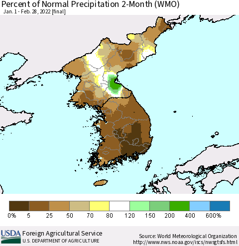 Korea Percent of Normal Precipitation 2-Month (WMO) Thematic Map For 1/1/2022 - 2/28/2022