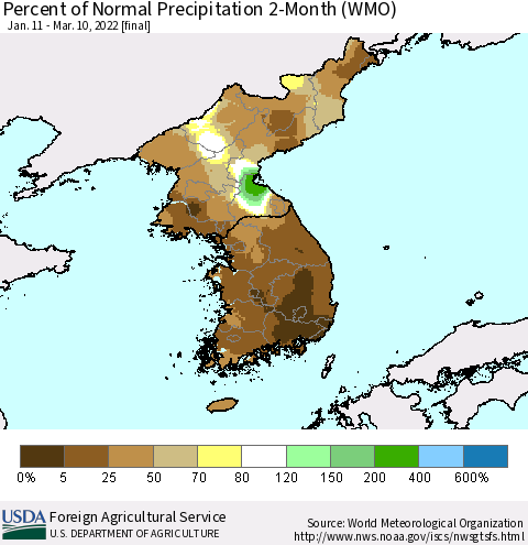 Korea Percent of Normal Precipitation 2-Month (WMO) Thematic Map For 1/11/2022 - 3/10/2022