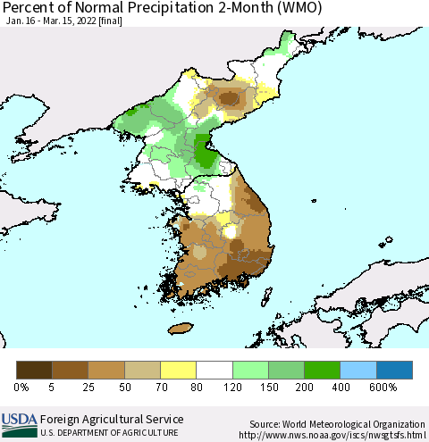 Korea Percent of Normal Precipitation 2-Month (WMO) Thematic Map For 1/16/2022 - 3/15/2022