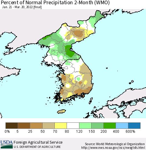 Korea Percent of Normal Precipitation 2-Month (WMO) Thematic Map For 1/21/2022 - 3/20/2022
