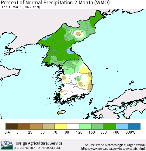 Korea Percent of Normal Precipitation 2-Month (WMO) Thematic Map For 2/1/2022 - 3/31/2022