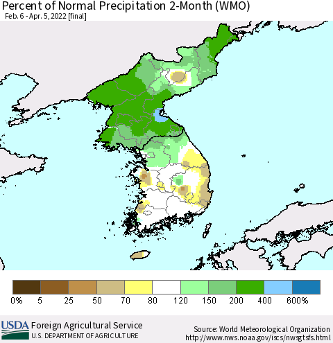 Korea Percent of Normal Precipitation 2-Month (WMO) Thematic Map For 2/6/2022 - 4/5/2022