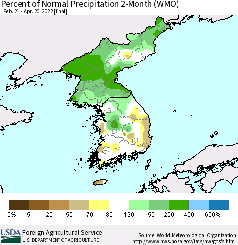 Korea Percent of Normal Precipitation 2-Month (WMO) Thematic Map For 2/21/2022 - 4/20/2022