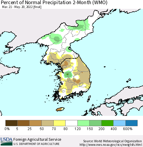 Korea Percent of Normal Precipitation 2-Month (WMO) Thematic Map For 3/21/2022 - 5/20/2022