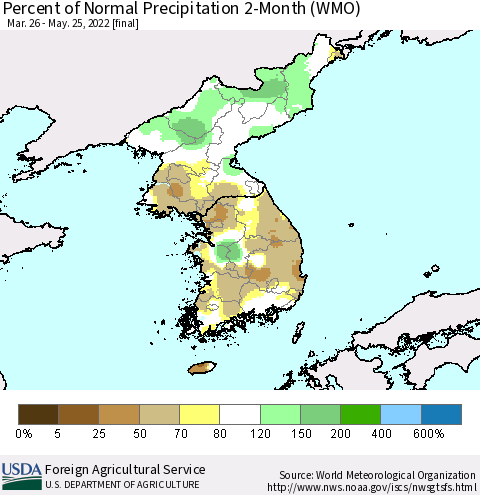 Korea Percent of Normal Precipitation 2-Month (WMO) Thematic Map For 3/26/2022 - 5/25/2022