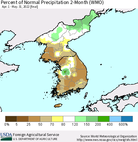 Korea Percent of Normal Precipitation 2-Month (WMO) Thematic Map For 4/1/2022 - 5/31/2022