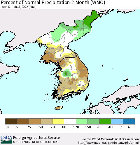 Korea Percent of Normal Precipitation 2-Month (WMO) Thematic Map For 4/6/2022 - 6/5/2022