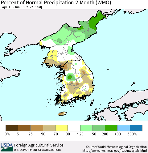 Korea Percent of Normal Precipitation 2-Month (WMO) Thematic Map For 4/11/2022 - 6/10/2022