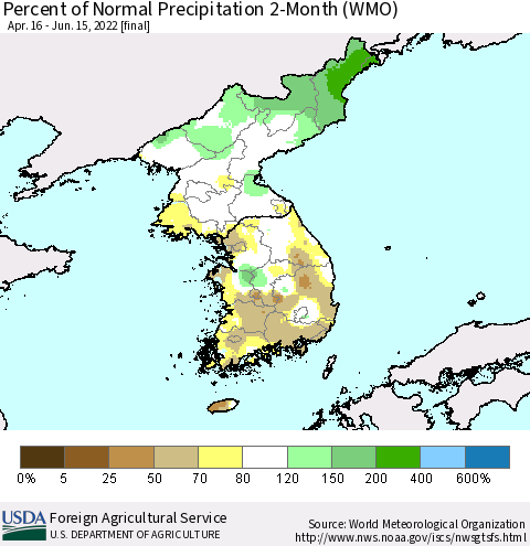 Korea Percent of Normal Precipitation 2-Month (WMO) Thematic Map For 4/16/2022 - 6/15/2022