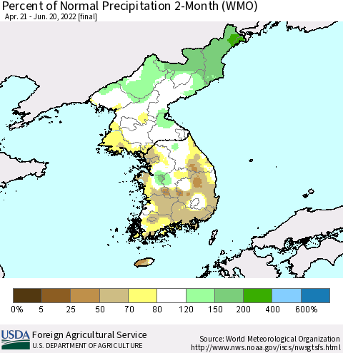 Korea Percent of Normal Precipitation 2-Month (WMO) Thematic Map For 4/21/2022 - 6/20/2022