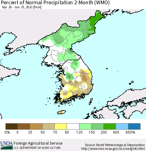 Korea Percent of Normal Precipitation 2-Month (WMO) Thematic Map For 4/26/2022 - 6/25/2022