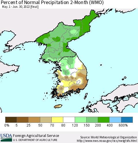 Korea Percent of Normal Precipitation 2-Month (WMO) Thematic Map For 5/1/2022 - 6/30/2022
