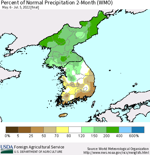 Korea Percent of Normal Precipitation 2-Month (WMO) Thematic Map For 5/6/2022 - 7/5/2022