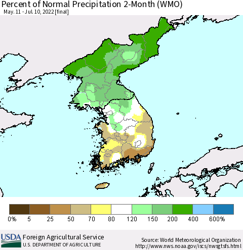 Korea Percent of Normal Precipitation 2-Month (WMO) Thematic Map For 5/11/2022 - 7/10/2022