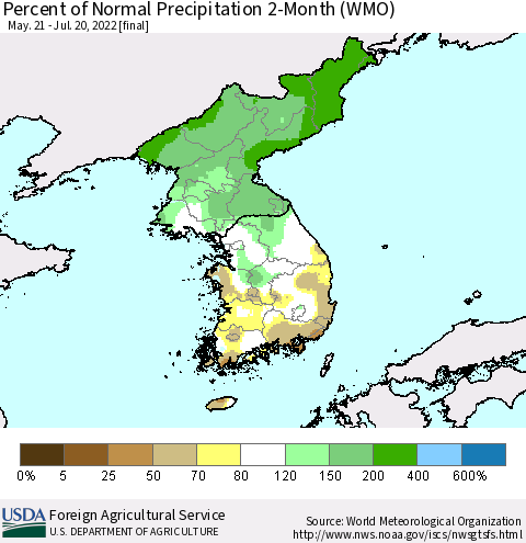Korea Percent of Normal Precipitation 2-Month (WMO) Thematic Map For 5/21/2022 - 7/20/2022
