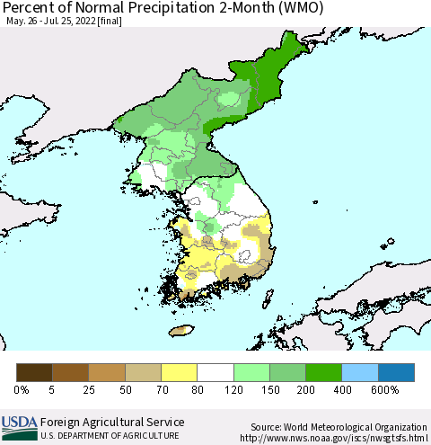 Korea Percent of Normal Precipitation 2-Month (WMO) Thematic Map For 5/26/2022 - 7/25/2022