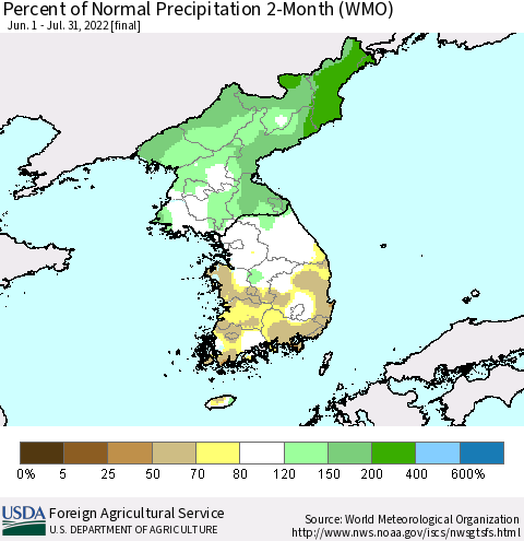 Korea Percent of Normal Precipitation 2-Month (WMO) Thematic Map For 6/1/2022 - 7/31/2022