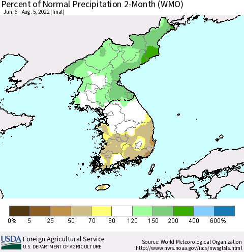 Korea Percent of Normal Precipitation 2-Month (WMO) Thematic Map For 6/6/2022 - 8/5/2022
