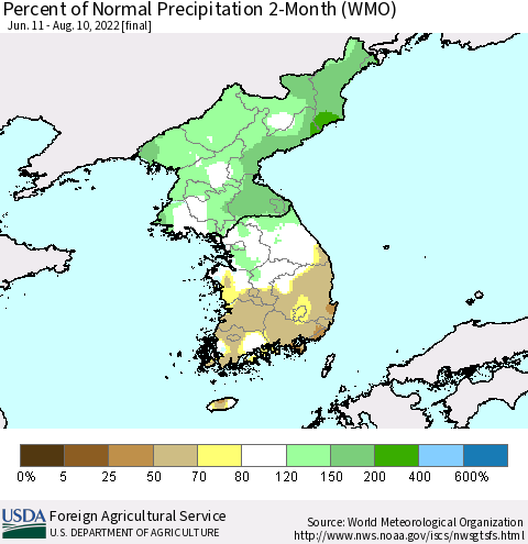 Korea Percent of Normal Precipitation 2-Month (WMO) Thematic Map For 6/11/2022 - 8/10/2022
