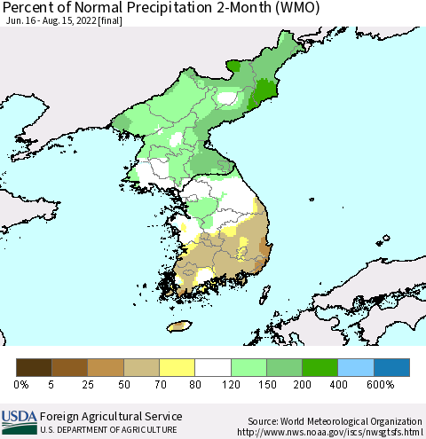 Korea Percent of Normal Precipitation 2-Month (WMO) Thematic Map For 6/16/2022 - 8/15/2022
