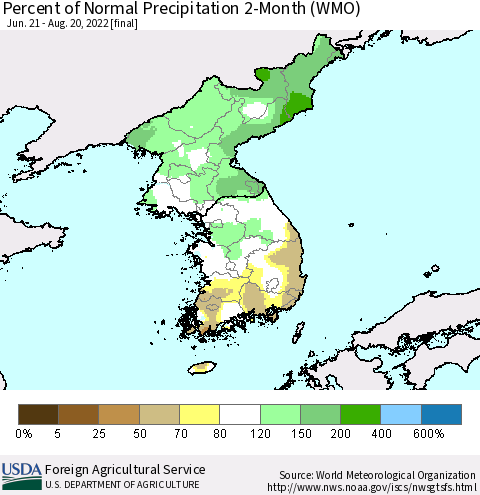 Korea Percent of Normal Precipitation 2-Month (WMO) Thematic Map For 6/21/2022 - 8/20/2022