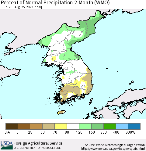 Korea Percent of Normal Precipitation 2-Month (WMO) Thematic Map For 6/26/2022 - 8/25/2022