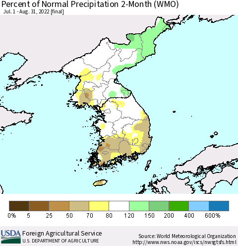 Korea Percent of Normal Precipitation 2-Month (WMO) Thematic Map For 7/1/2022 - 8/31/2022