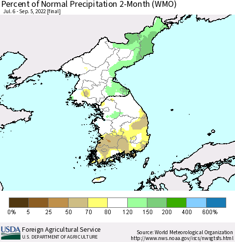 Korea Percent of Normal Precipitation 2-Month (WMO) Thematic Map For 7/6/2022 - 9/5/2022