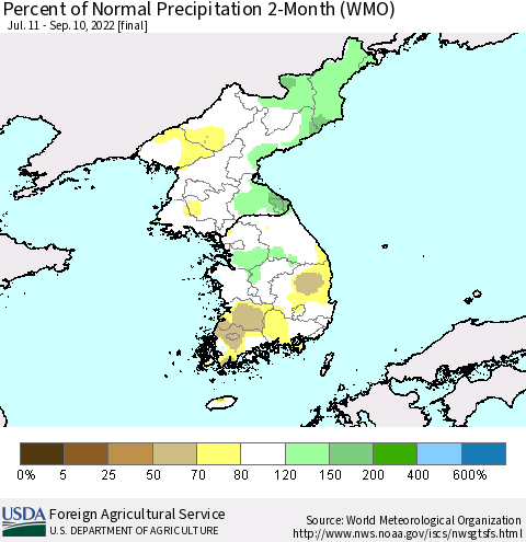 Korea Percent of Normal Precipitation 2-Month (WMO) Thematic Map For 7/11/2022 - 9/10/2022