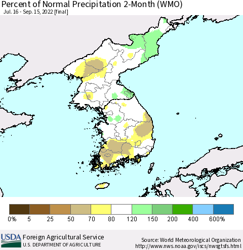 Korea Percent of Normal Precipitation 2-Month (WMO) Thematic Map For 7/16/2022 - 9/15/2022