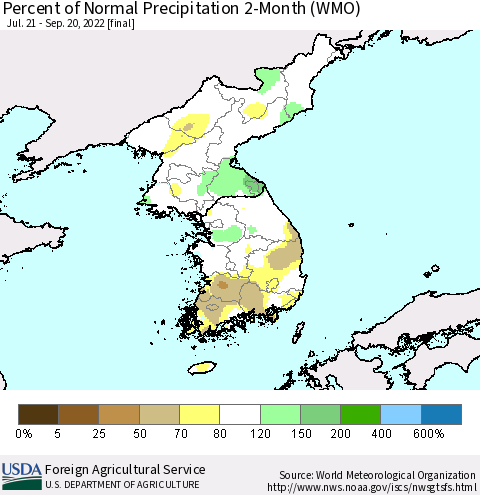 Korea Percent of Normal Precipitation 2-Month (WMO) Thematic Map For 7/21/2022 - 9/20/2022