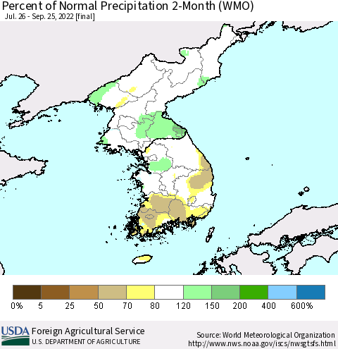 Korea Percent of Normal Precipitation 2-Month (WMO) Thematic Map For 7/26/2022 - 9/25/2022
