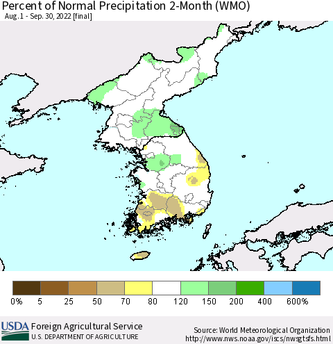 Korea Percent of Normal Precipitation 2-Month (WMO) Thematic Map For 8/1/2022 - 9/30/2022