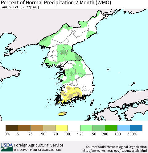Korea Percent of Normal Precipitation 2-Month (WMO) Thematic Map For 8/6/2022 - 10/5/2022