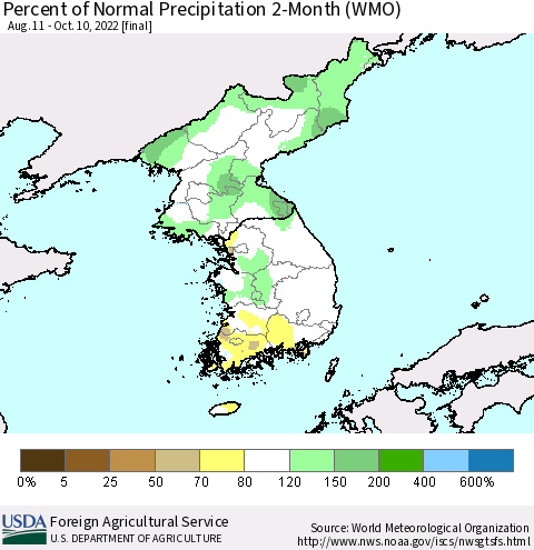 Korea Percent of Normal Precipitation 2-Month (WMO) Thematic Map For 8/11/2022 - 10/10/2022