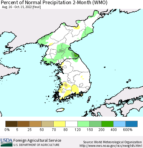 Korea Percent of Normal Precipitation 2-Month (WMO) Thematic Map For 8/16/2022 - 10/15/2022