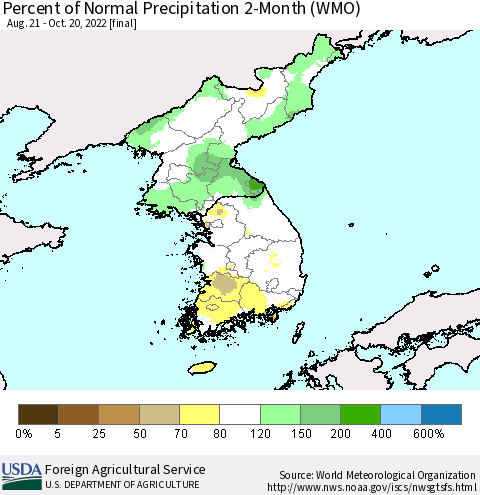Korea Percent of Normal Precipitation 2-Month (WMO) Thematic Map For 8/21/2022 - 10/20/2022