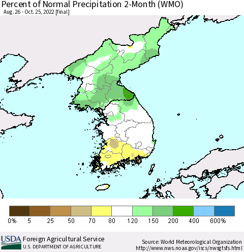 Korea Percent of Normal Precipitation 2-Month (WMO) Thematic Map For 8/26/2022 - 10/25/2022