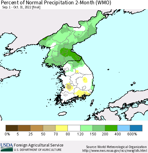 Korea Percent of Normal Precipitation 2-Month (WMO) Thematic Map For 9/1/2022 - 10/31/2022