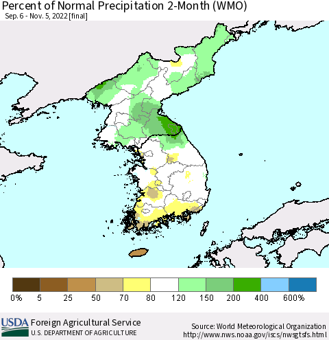 Korea Percent of Normal Precipitation 2-Month (WMO) Thematic Map For 9/6/2022 - 11/5/2022