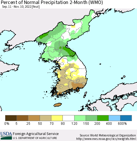 Korea Percent of Normal Precipitation 2-Month (WMO) Thematic Map For 9/11/2022 - 11/10/2022