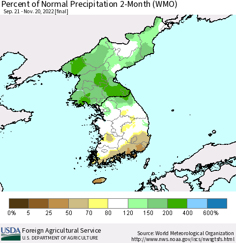 Korea Percent of Normal Precipitation 2-Month (WMO) Thematic Map For 9/21/2022 - 11/20/2022