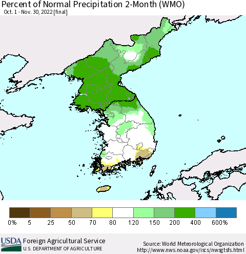 Korea Percent of Normal Precipitation 2-Month (WMO) Thematic Map For 10/1/2022 - 11/30/2022