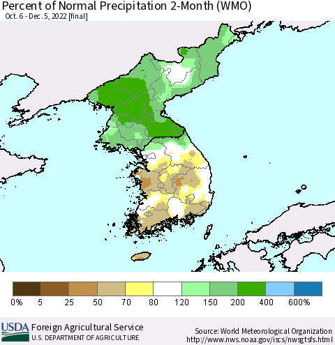 Korea Percent of Normal Precipitation 2-Month (WMO) Thematic Map For 10/6/2022 - 12/5/2022