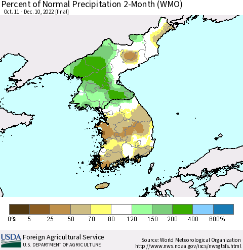 Korea Percent of Normal Precipitation 2-Month (WMO) Thematic Map For 10/11/2022 - 12/10/2022