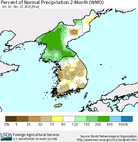Korea Percent of Normal Precipitation 2-Month (WMO) Thematic Map For 10/16/2022 - 12/15/2022