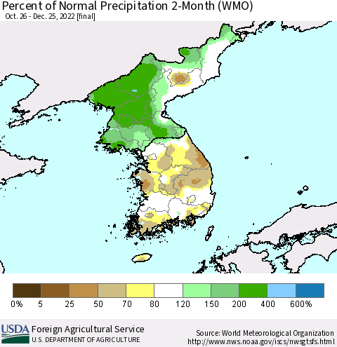 Korea Percent of Normal Precipitation 2-Month (WMO) Thematic Map For 10/26/2022 - 12/25/2022